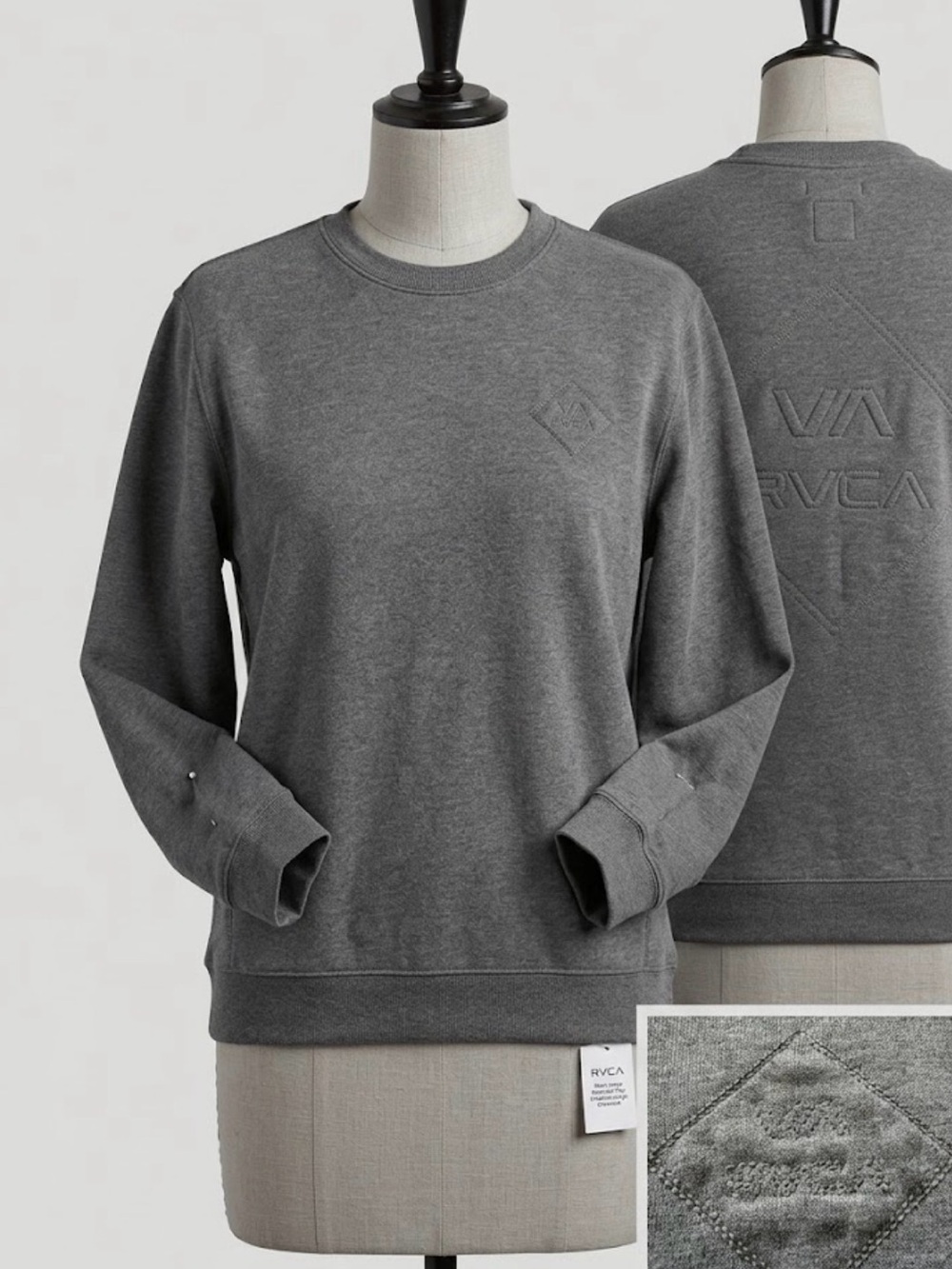 RVCA Mens Grey Embossed Logo Crewneck Sweatshirt Pullover Casual Athleisure L